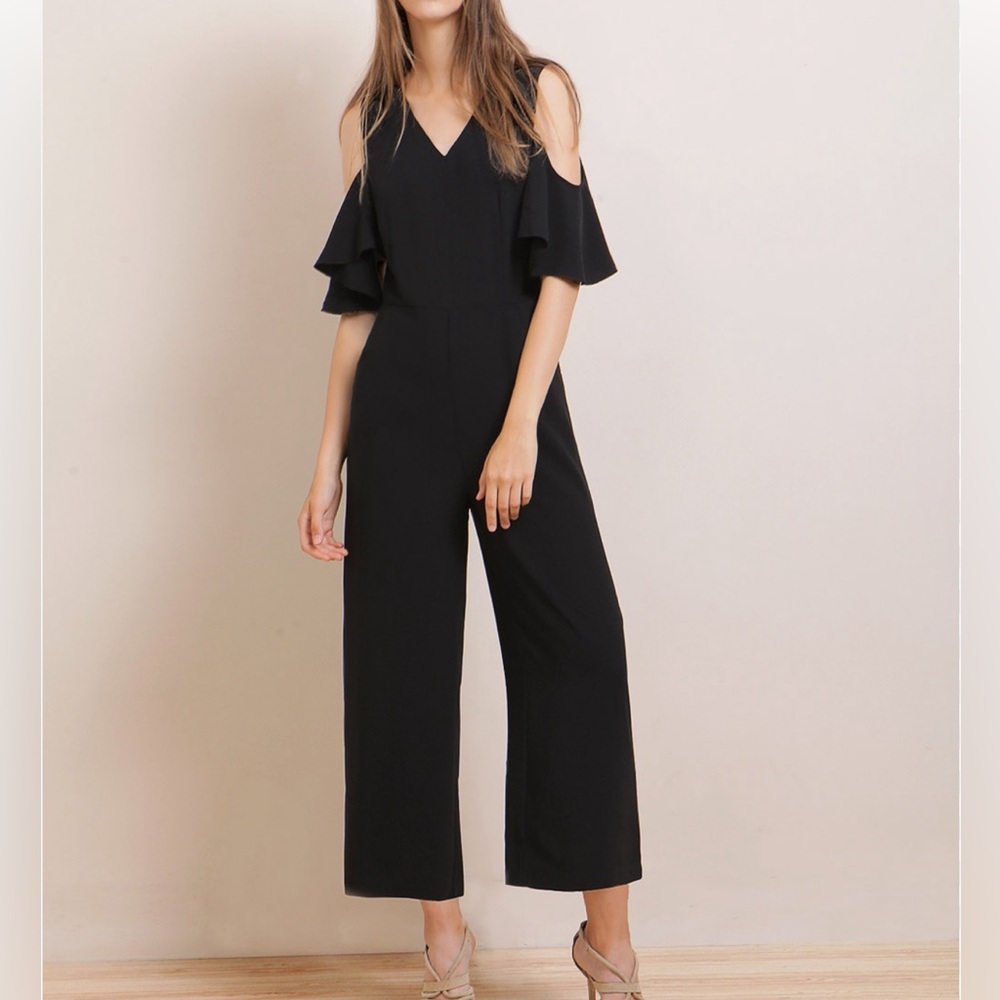 Giddy Up Glamour Black Cold Shoulder Jumpsuit - Wide Leg Cropped - Small